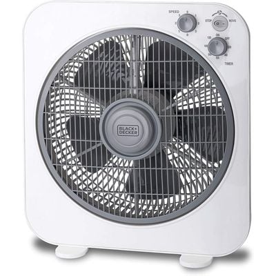 Black + Decker Box Fan , Desk Fan, 40W, 12 Inch Diameter, With Timer & 3 Speeds Low/Medium/High And 5 Blade Design, Adjustable Portable/Travel Friendly Body To Direct Swing, White, Fb1220-B5