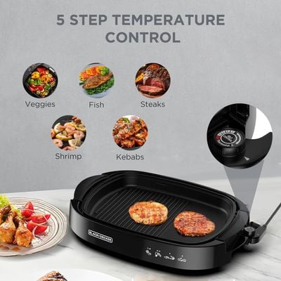 Black + Decker Grill , Grill, 1500W, Large Non-Stick Griddle With Glass Lid, 5-Level Temp Control, Cool-Touch Handles, Efficient Fat Draining, Black, Gh1500-B5