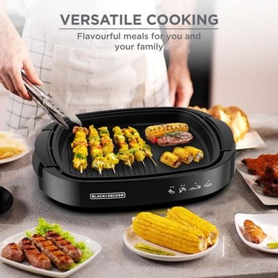 Black + Decker Grill , Grill, 1500W, Large Non-Stick Griddle With Glass Lid, 5-Level Temp Control, Cool-Touch Handles, Efficient Fat Draining, Black, Gh1500-B5