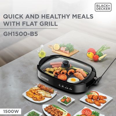 Black + Decker Grill , Grill, 1500W, Large Non-Stick Griddle With Glass Lid, 5-Level Temp Control, Cool-Touch Handles, Efficient Fat Draining, Black, Gh1500-B5