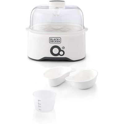 Black + Decker Egg Boiler , Egg Cooker, 6 Piece, 280W, With Cooking Rack And 2 Poaching Pan Dry Boil, White, Eg200-B5