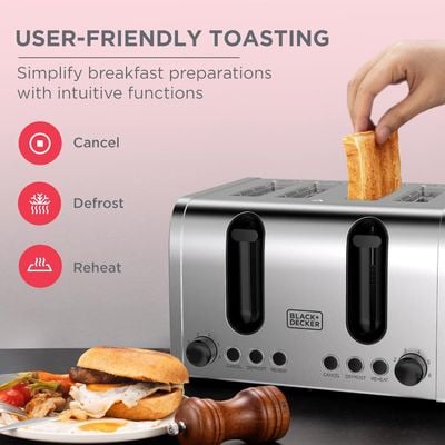 Black + Decker Toaster , Toaster, 4 Slice, 2100W, 6 Browning Levels, Defrost, Reheat & Cancel Functions,, Silver, Et444-B5