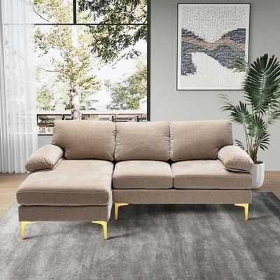 Microfiber Right Hand Chaise Sofa - Beige, 215cm W x 140cm D x 85cm H