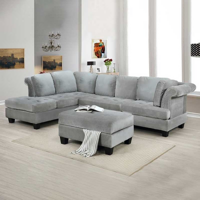 Chaise with Ottoman in Wide Velvet Left Hand Facing Sofa - Gray Velvet, 280cm W x 150cm D x 90cm H