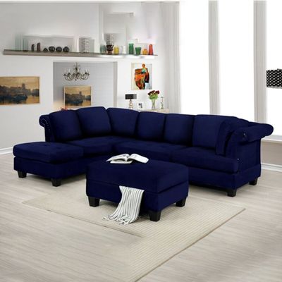 Chaise with Ottoman in Wide Velvet Left Hand Facing Sofa - Blue Velvet, 280cm W x 150cm D x 90cm H