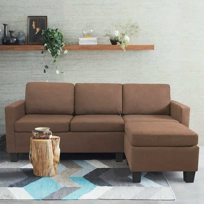 Reversible Cotton Sofa and Chaise with Ottoman - Brown Cotton, 200cm W x 140cm D x 85cm H