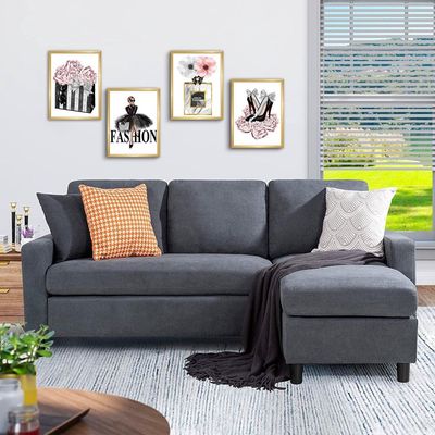 Reversible Cotton Sofa and Chaise with Ottoman - Dark Gray, 200cm W x 140cm D x 85cm H