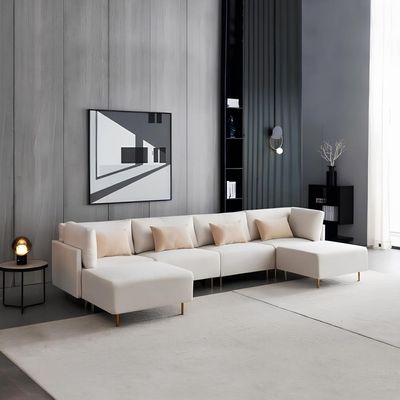 Wide Linen Symmetrical Modular Sectionals With Ottoman - Begie, 365cm W x 150cm D x 85cm H