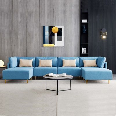 Wide Linen Symmetrical Modular Sectionals With Ottoman - Blue Linen, 365cm W x 150cm D x 85cm H