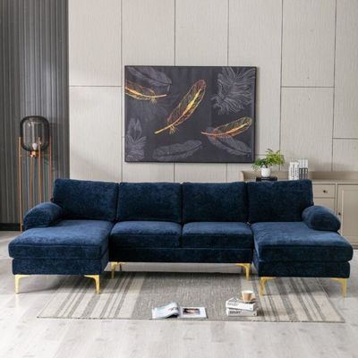 Wide Symmetrical Modular U Shaped Sofas - Navy Linen Blend, 280cm W x 140cm D x 90cm H