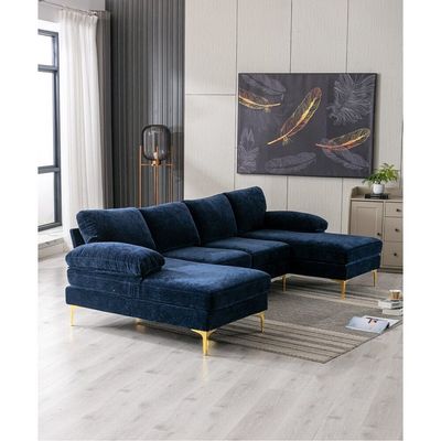 Wide Symmetrical Modular U Shaped Sofas - Navy Linen Blend, 280cm W x 140cm D x 90cm H
