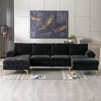 Wide Symmetrical Modular U Shaped Sofas - Black Linen Blend, 280cm W x 140cm D x 90cm H