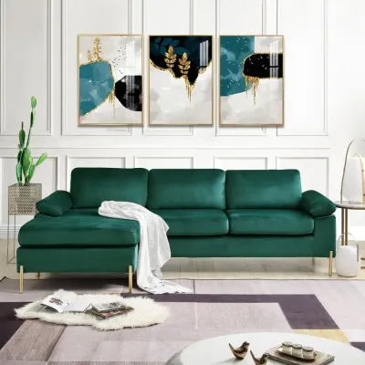  Velvet Sofa & Chaise Lounge Sofa - Green, 250cm W x 140cm D x 85cm H