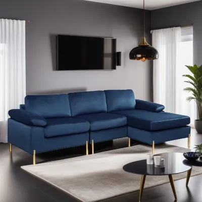  Velvet Sofa & Chaise Lounge Sofa - Blue, 250cm W x 140cm D x 85cm H