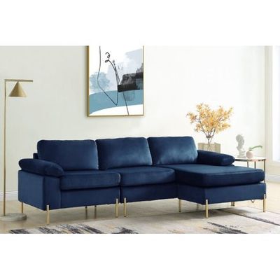  Velvet Sofa & Chaise Lounge Sofa - Blue, 250cm W x 140cm D x 85cm H