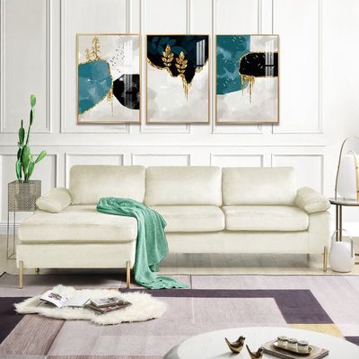  Velvet Sofa & Chaise Lounge Sofa - Cream, 250cm W x 140cm D x 85cm H