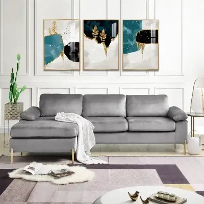  Velvet Sofa & Chaise Lounge Sofa - Gray, 250cm W x 140cm D x 85cm H