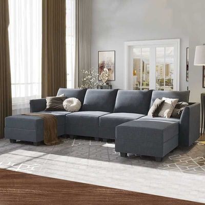 Symmetrical L Shaped Couch & Chaise with Ottoman - Dark Grey, 270cm W x 170cm D x 90cm H