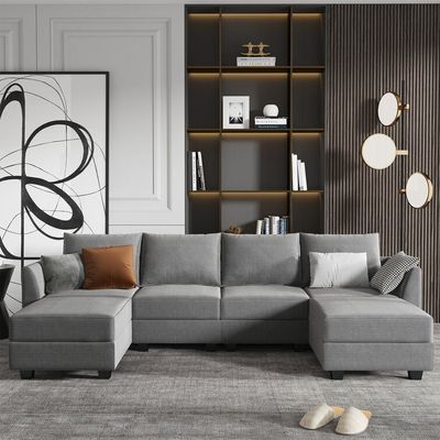 Symmetrical L Shaped Couch & Chaise with Ottoman - Gray, 270cm W x 170cm D x 90cm H