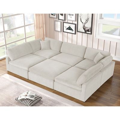 Velvet Reversible U Shape Modular Sofa with Ottoman - Ivory, 260cm W x 170cm D x 80cm H