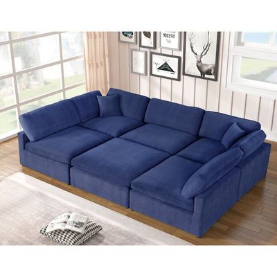 Velvet Reversible U Shape Modular Sofa with Ottoman - Blue, 260cm W x 170cm D x 80cm H