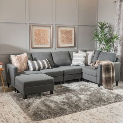 Zahra 6-piece Leather Sectional With Ottoman - Dark Gray, 280cm W x 160cm D x 85cm H