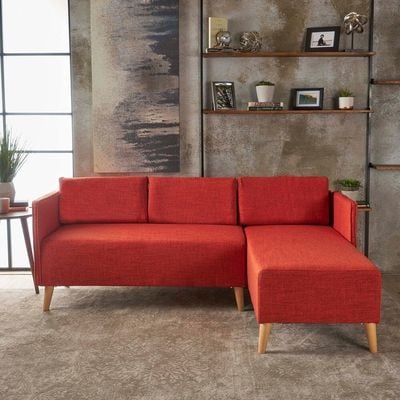 Augustus Mid-century Velvet Couch With Chaise - Rich Red, 205cm W x 160cm D x 85cm H