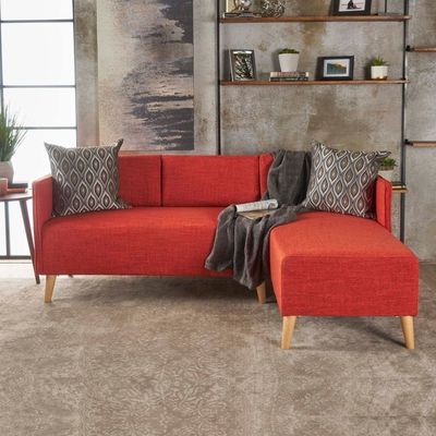 Augustus Mid-century Velvet Couch With Chaise - Rich Red, 205cm W x 160cm D x 85cm H