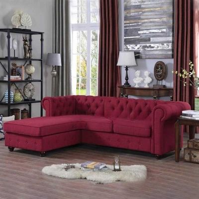 Tufted Scroll Arm Chesterfield 3-Seat Corner Chaise Sofa - Red, 225cm W x 150cm D x 85cm H