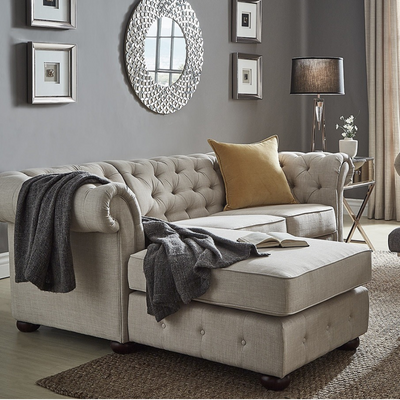 Tufted Scroll Arm Chesterfield 3-Seat Corner Chaise Sofa - Beige, 225cm W x 150cm D x 85cm H