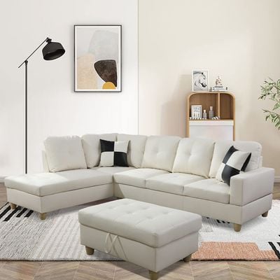 Russ Sectional with Ottoman - Off White, 295cm W x 195cm D x 85cm H