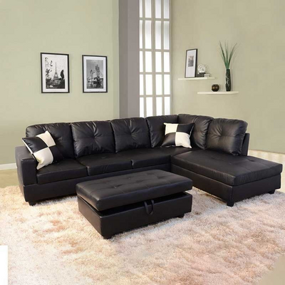 Russ Sectional with Ottoman - Black, 295cm W x 195cm D x 85cm H