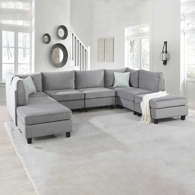 Simona Grey Velvet 8 Pc Modular Sofa L Shape - Gray, 300 cm W x 152 cm D x 85 cm H