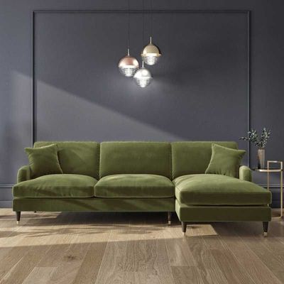 Teal L Shape 3 Seaters Sofa in Velvet - Right Hand Facing - Olive green, 200cm W x 151cm D x 85cm H