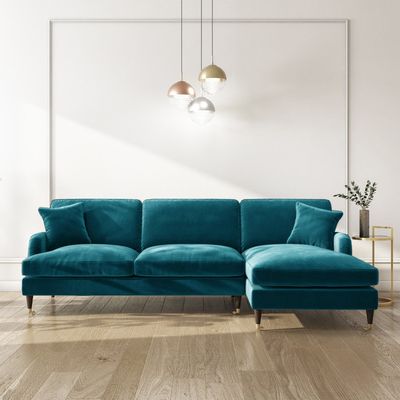 Teal L Shape 3 Seaters Sofa in Velvet - Right Hand Facing - Light Teal, 200cm W x 151cm D x 85cm H