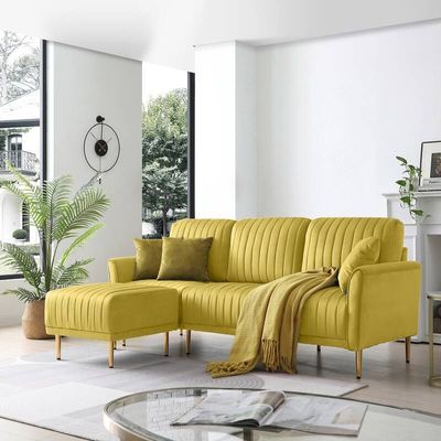  Living Room Sectional Sofa with Ottoman - Gold, 200cm W x 85cm D x 90cm H