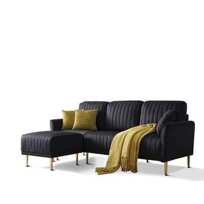  Living Room Sectional Sofa with Ottoman - Black, 200cm W x 85cm D x 90cm H