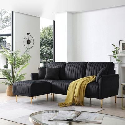  Living Room Sectional Sofa with Ottoman - Black, 200cm W x 85cm D x 90cm H