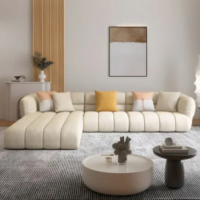  Stylish L-Shape Sectional Sofa With Ottoman - Beige, 300cm L x 165cm W x 71cm H Ottomo with arm chair included