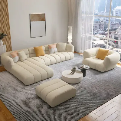  Stylish L-Shape Sectional Sofa With Ottoman - Beige, 300cm L x 165cm W x 71cm H Ottomo with arm chair included