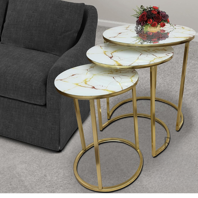 LHFHOMT-Nesting Tables Set of 3 Pieces, Ceramics Glass Top, Strong Metal Frame for Living Room,Office,Sofa Side