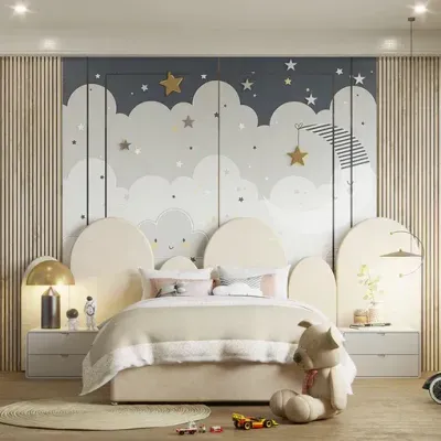Circus Velvet Bed with Wall Panels W 160 x L 200  - Velvet White with 1-Year Warranty