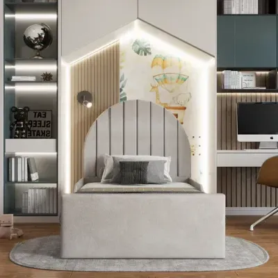 Serene Curved Kids Bed W 90 x L 200  - Velvet Ivory with 1-Year Warranty