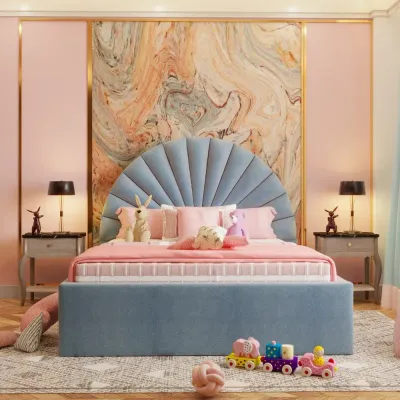 Elena Kids Bed W 150 x L 190  - Velvet Blue with 1-Year Warranty