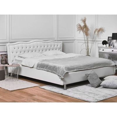 Velvet Glow Tufted Upholstered Large Twin Size ( 140 X 190 ) White Color Bed