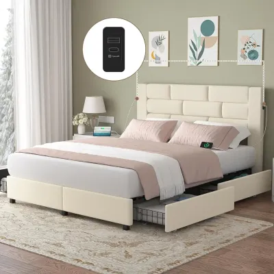 Queen bed frame platform bed frame with velevt headboard, beige  Queen-150x200