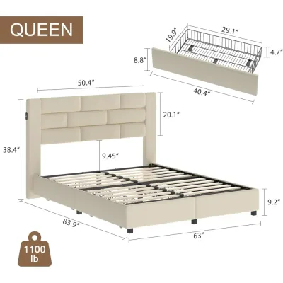 Queen bed frame platform bed frame with velevt headboard, beige  Queen-150x200