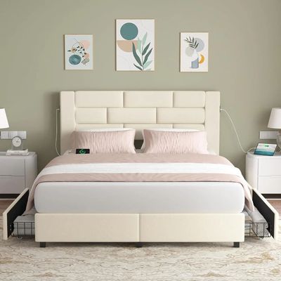 Queen bed frame platform bed frame with velevt headboard, beige  Queen-150x200