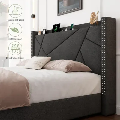 Queen platform bed frame with Solid wood slats & wingback shelf, Black  Queen-150x200