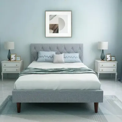 Queen bed frame Linen Headboard, Strong Frame and Wooden Slats Support, grey color  Queen-150x200